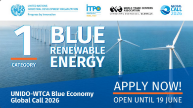 The UNIDO-WTCA Blue Economy Global Call 2026 is now open for applications (winners to receive USD $3,000 to attend the Euro Mediterranean Water Forum in Rome, Italy)